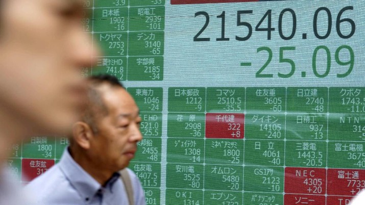 People walk past an electronic stock board showing Japan's Nikkei 225 index at a securities firm in Tokyo Wednesday, July 10, 2019. Asian shares were mostly higher Wednesday in cautious trading ahead of closely watched congressional testimony by the U.S. Federal Reserve chairman. (AP Photo/Eugene Hoshiko)